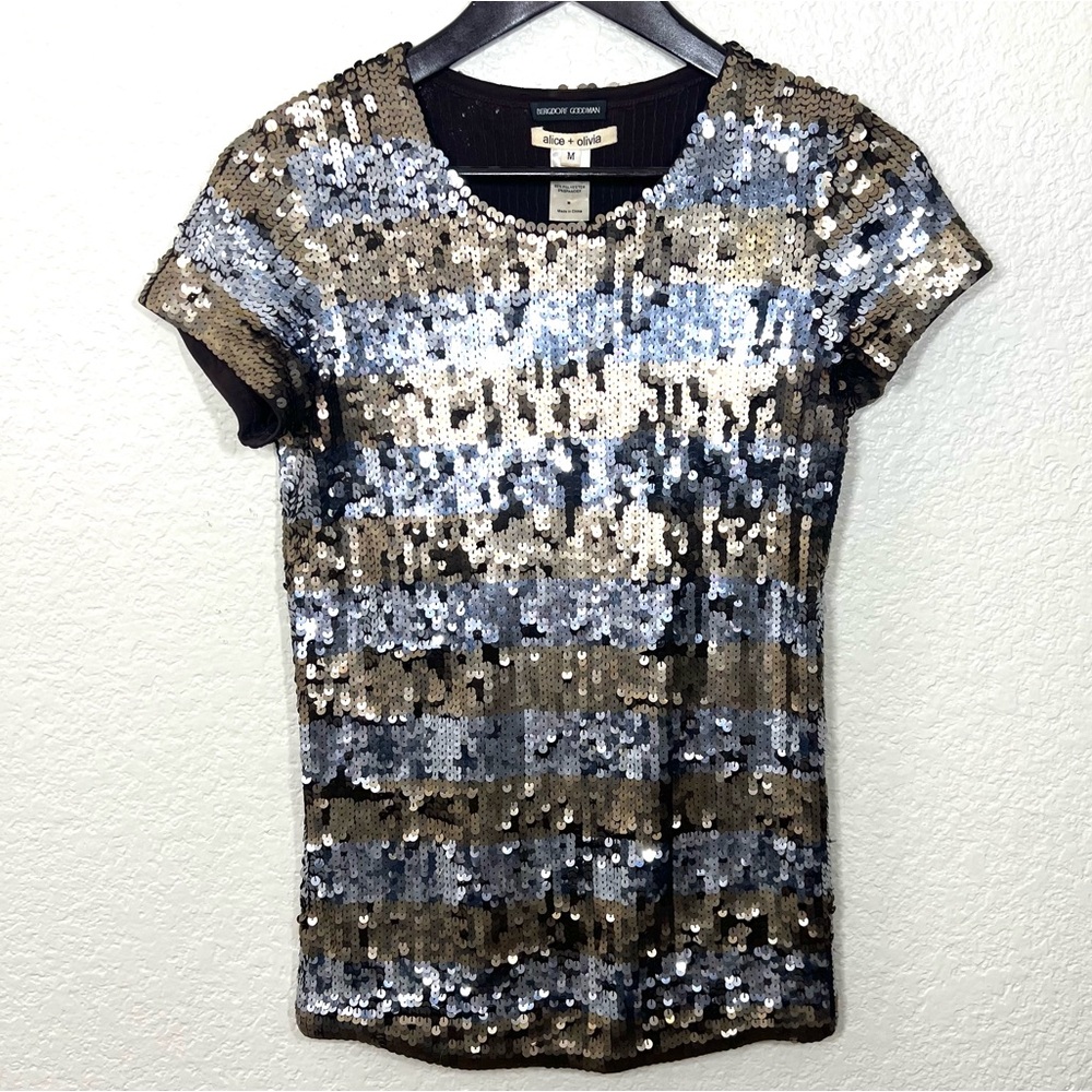 Alice + Olivia for Bergdorf Goodman Sequined Top Striped Silver Gold Size M
